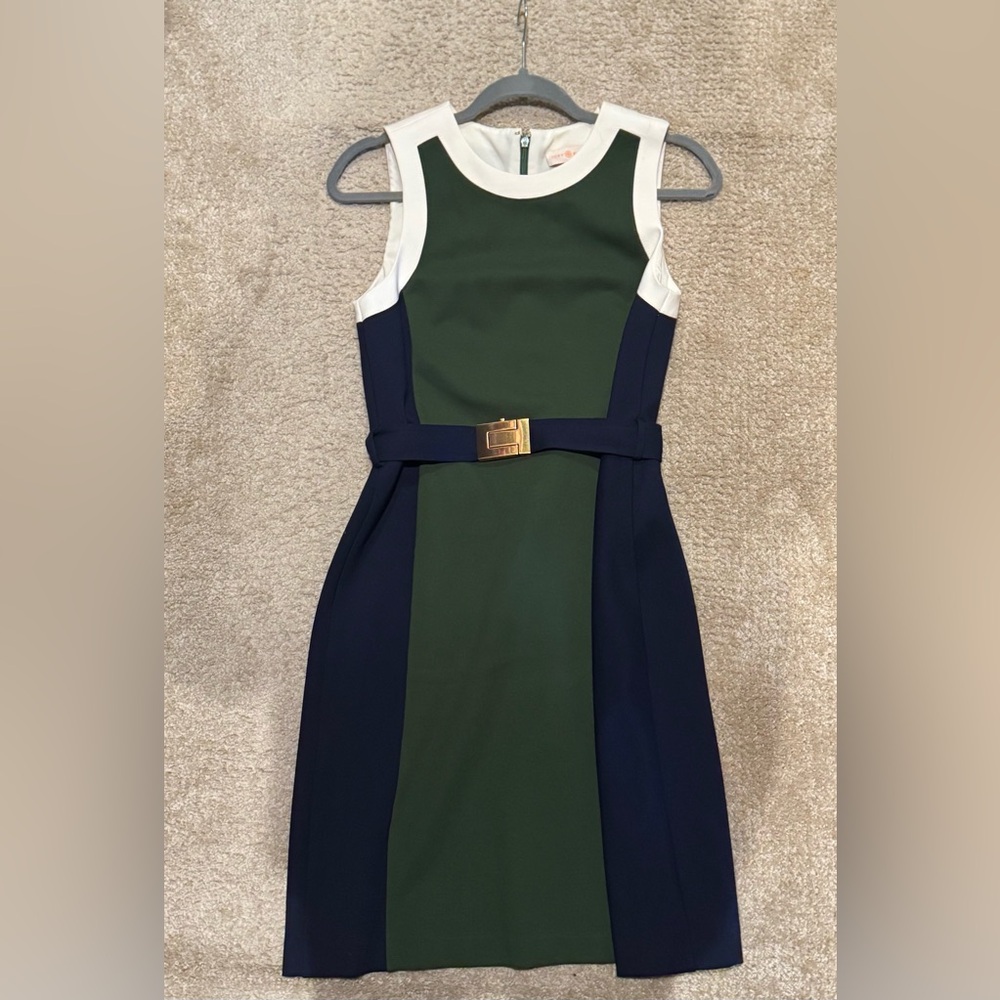 Tory Burch Color-Block Ponte Dress in Green and Navy Blue